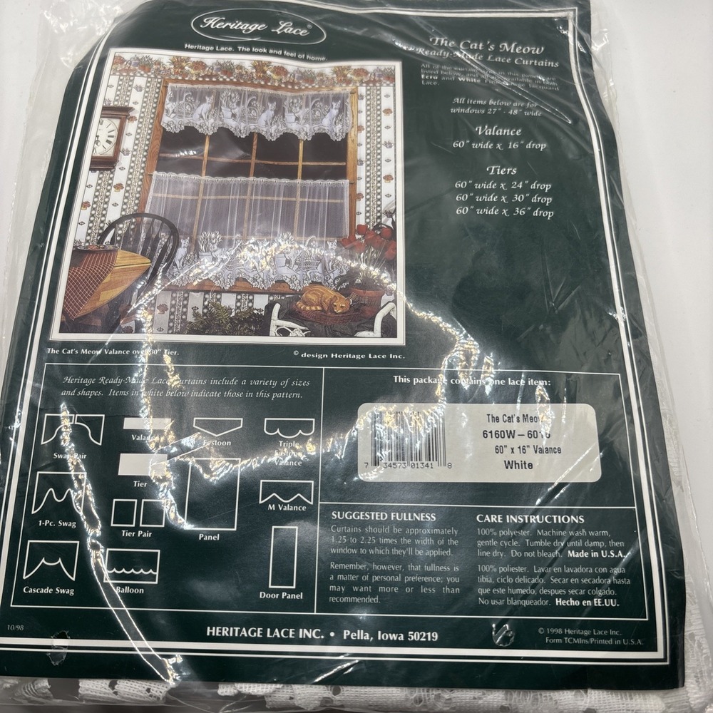 Vtg Heritage Lace Cats Meow Curtain Valance 60" x 16" White Cottagecore 1998 NOS